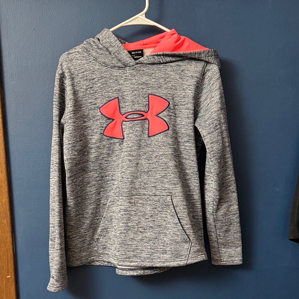 Under Armour Kids Heather Gray Hoodie with Pink Logo